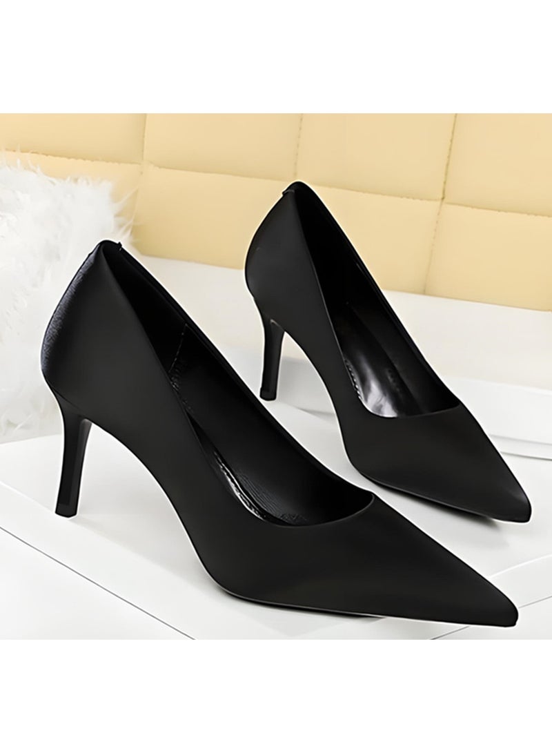 BIGTREE Women's Closed Pointed Toe High Heel Pumps Satin Stiletto Heels Black 7CM - Image 2