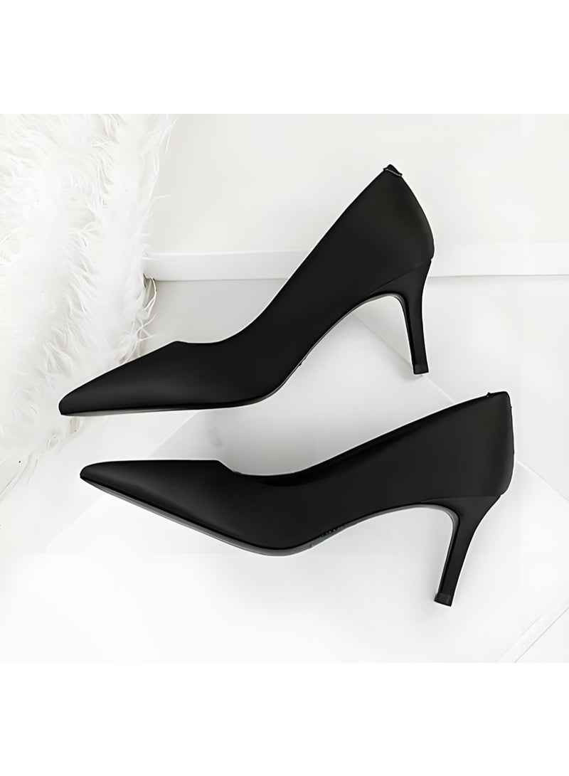 BIGTREE Women's Closed Pointed Toe High Heel Pumps Satin Stiletto Heels Black 7CM - Image 3