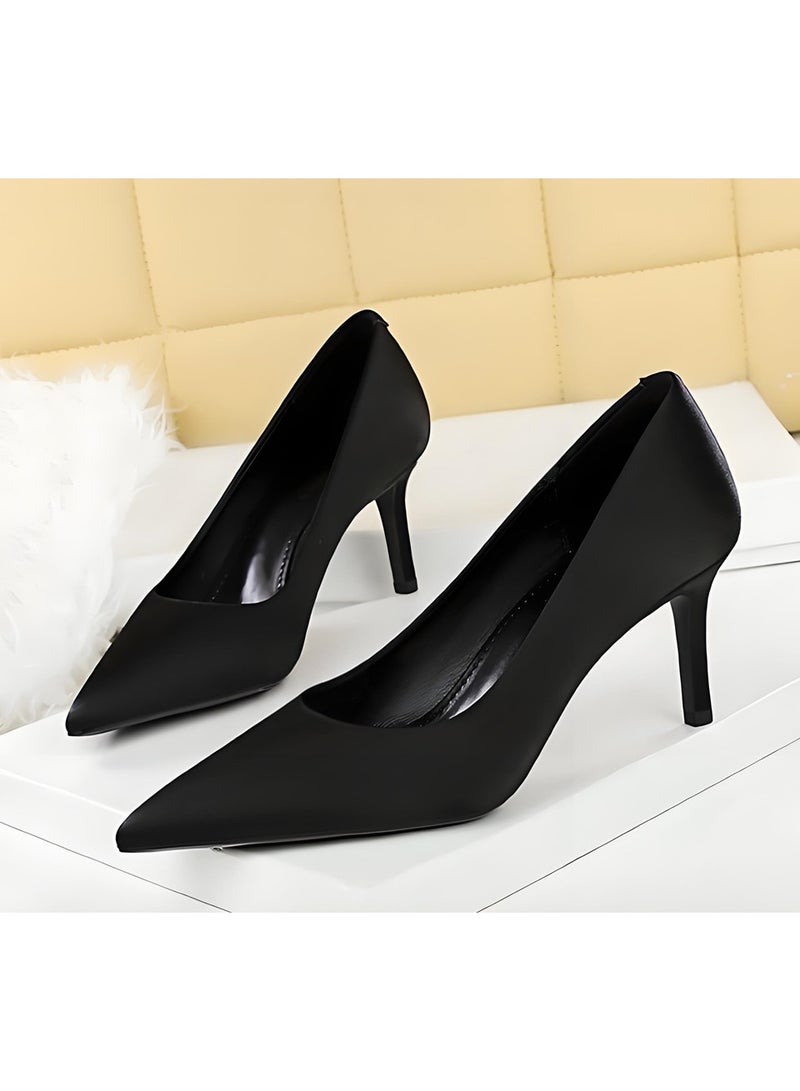 BIGTREE Women's Closed Pointed Toe High Heel Pumps Satin Stiletto Heels Black 7CM - Image 1