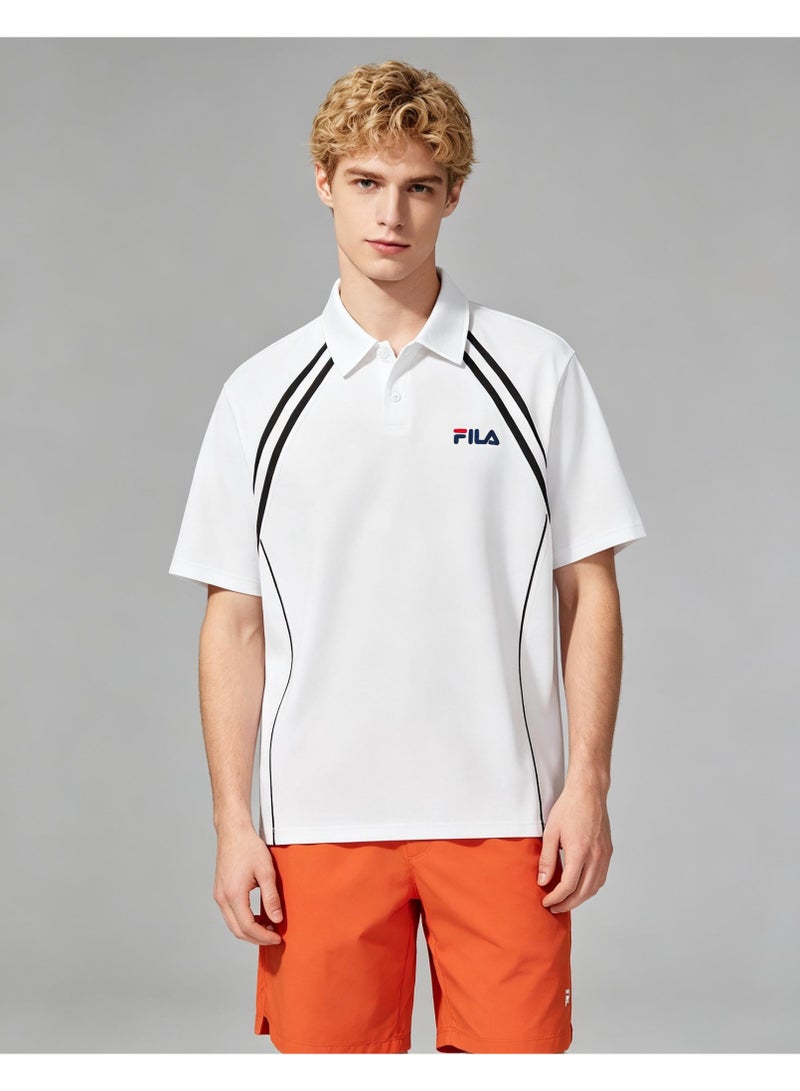 FILA Contrasting Semi-Zipped Polo Shirt for Men and Women Summer Loose Shoulder Short Sleeve Retro Lapel T-shirt - Image 4