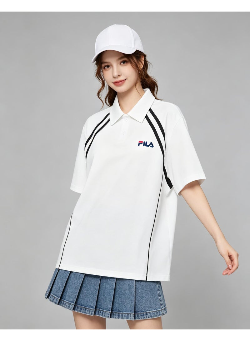 FILA Contrasting Semi-Zipped Polo Shirt for Men and Women Summer Loose Shoulder Short Sleeve Retro Lapel T-shirt - Image 2