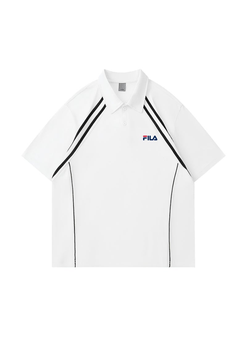 FILA Contrasting Semi-Zipped Polo Shirt for Men and Women Summer Loose Shoulder Short Sleeve Retro Lapel T-shirt - Image 3