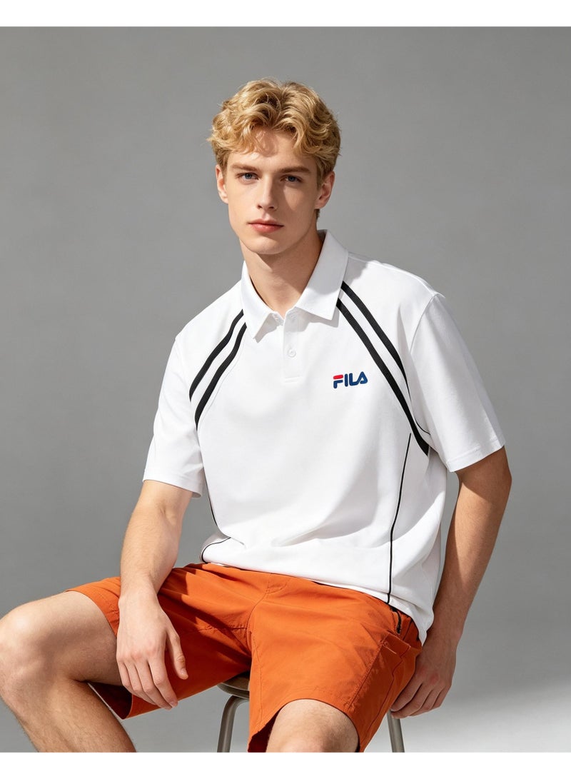 FILA Contrasting Semi-Zipped Polo Shirt for Men and Women Summer Loose Shoulder Short Sleeve Retro Lapel T-shirt - Image 1