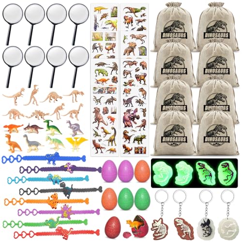 FEMBW Dinosaur Party Favors for KidsDino Birthday Toys with Hatchable EggsGlowintheDark Keychains Skeleton Models3D Stickers Magnifying Glass Dinosaur Themed Party Toys for Boys Girls - Image 1