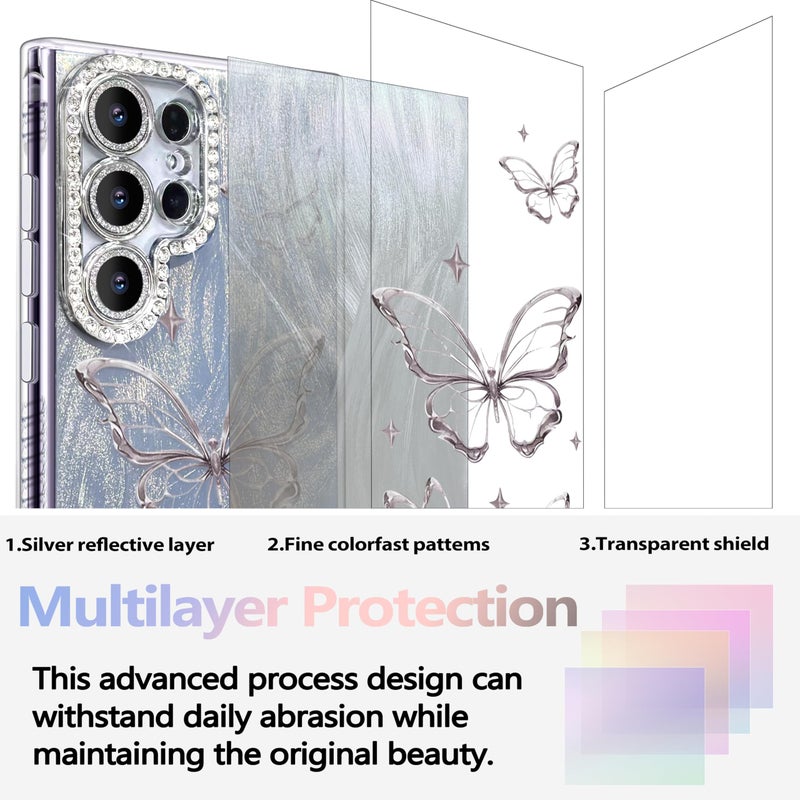 I-MGAE-IN-AR Compact Case for Samsung Galaxy S22 Ultra Butterfly Design,Diamond Camera Lens Protection Frame,Cute Soft Slim TPU Shockproof Protective Phone Cases Cover for Women Silver Aesthetic - Image 2