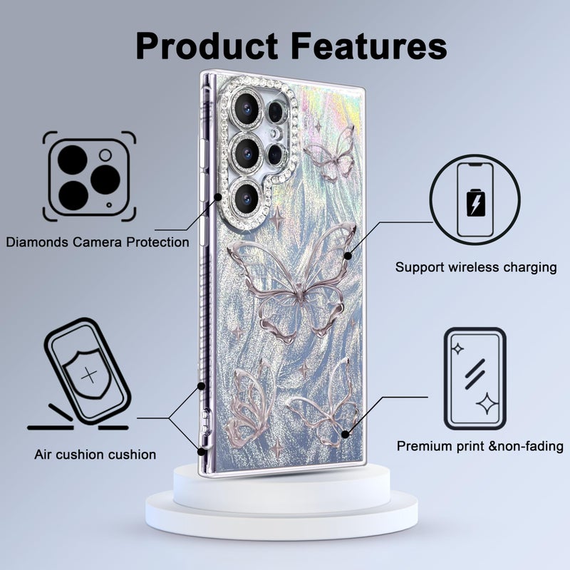 I-MGAE-IN-AR Compact Case for Samsung Galaxy S22 Ultra Butterfly Design,Diamond Camera Lens Protection Frame,Cute Soft Slim TPU Shockproof Protective Phone Cases Cover for Women Silver Aesthetic - Image 4