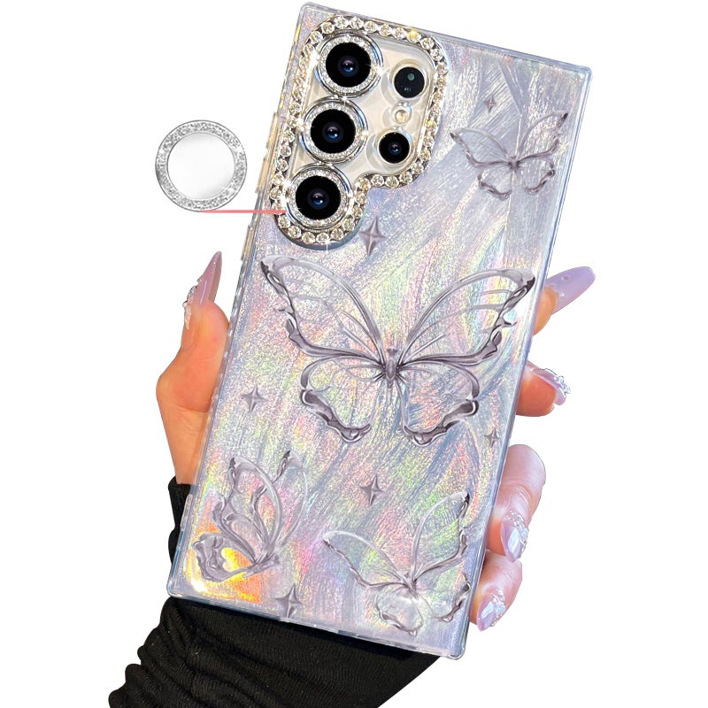I-MGAE-IN-AR Compact Case for Samsung Galaxy S22 Ultra Butterfly Design,Diamond Camera Lens Protection Frame,Cute Soft Slim TPU Shockproof Protective Phone Cases Cover for Women Silver Aesthetic - Image 1