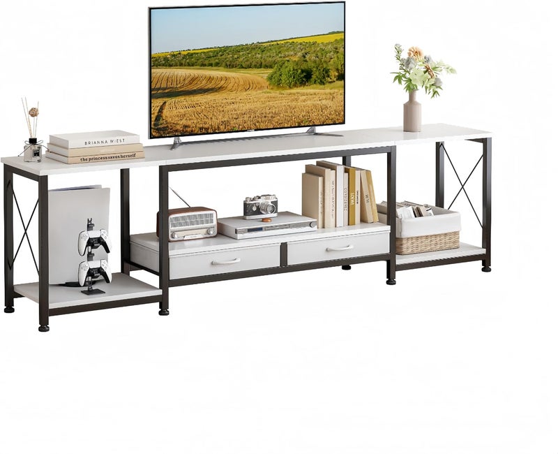 JOYSEUS Modern TV Table for 70 Inch TVs, Rustic White TV Stand with 2 Fabric Drawers, X Shape Design for Stability, Open Shelf Storage, Living Room TV Cabinet - Image 1