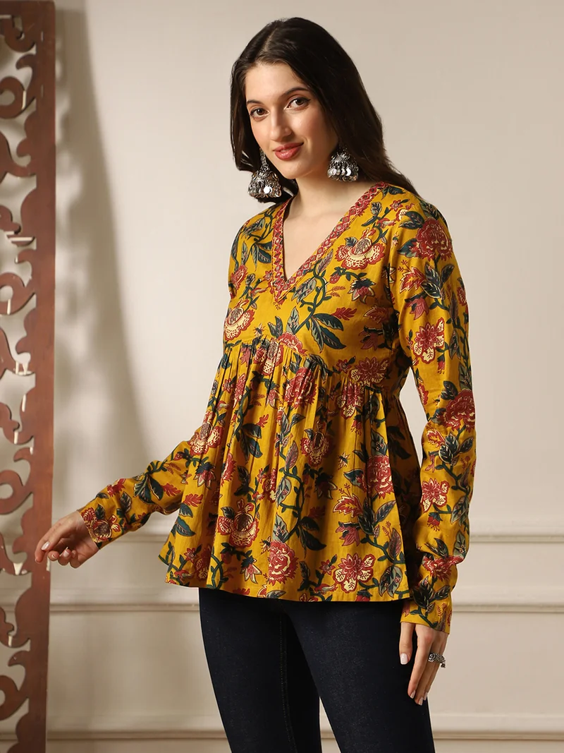 globus Globus Women Mustard Embroidered & Mirror Work Detail V-Neck Long Sleeves Floral Print A-Line Aliya Cut Tunic