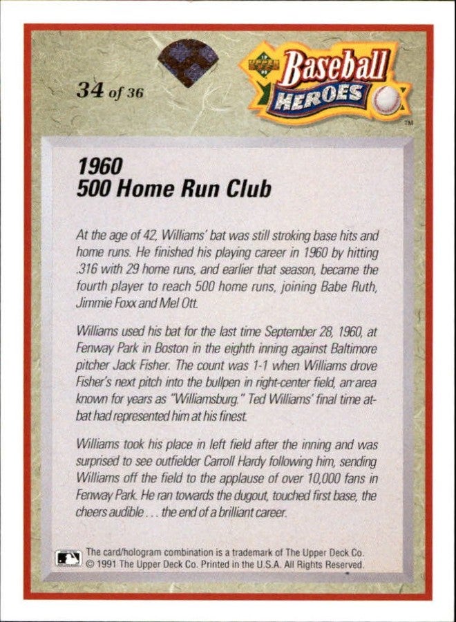 Upper Deck 1992 Upper Deck Williams Heroes #34 Ted Williams MLB Baseball Trading Card - Image 2