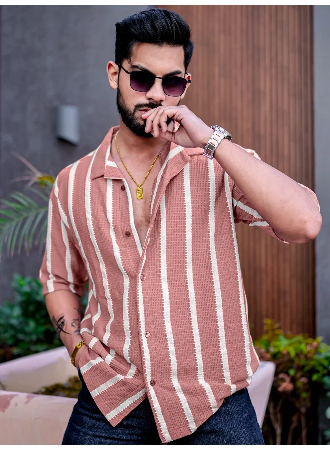 Maniac Mens Striped Collared Neck Half Sleeve Onion Popcorn Knitted Shirt