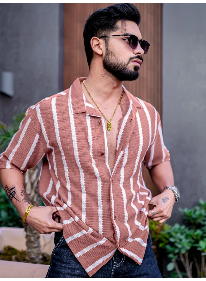 Maniac  Maniac Mens Striped Collared Neck Half Sleeve Onion Popcorn Knitted Shirt for Men | Best Price UAE