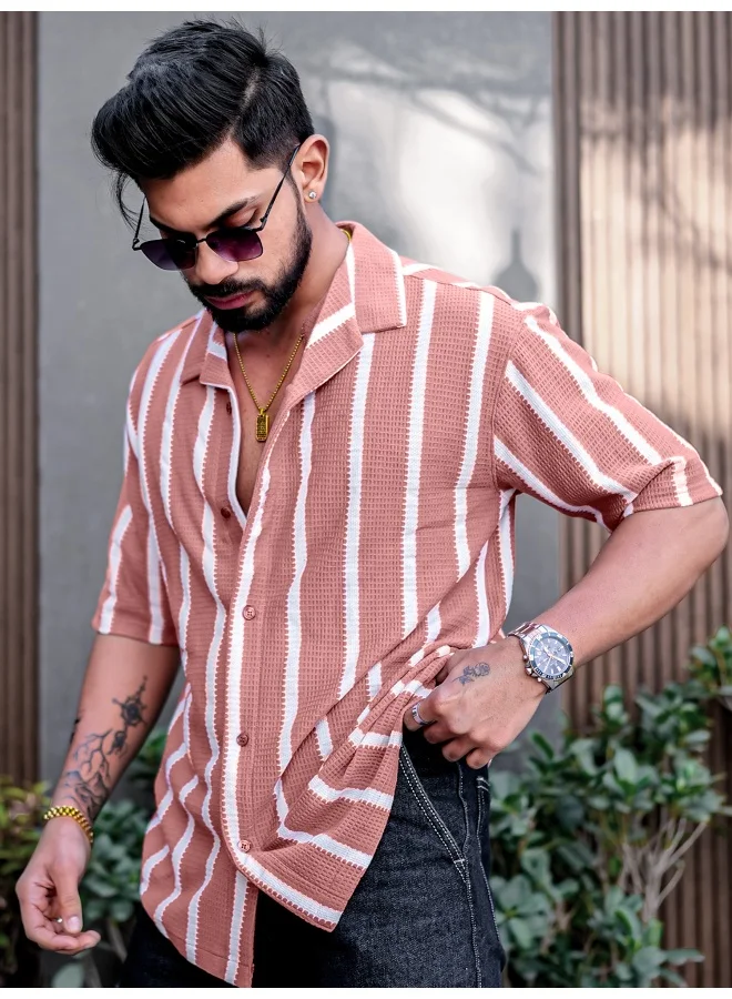 Maniac  Maniac Mens Striped Collared Neck Half Sleeve Onion Popcorn Knitted Shirt for Men | Best Price UAE