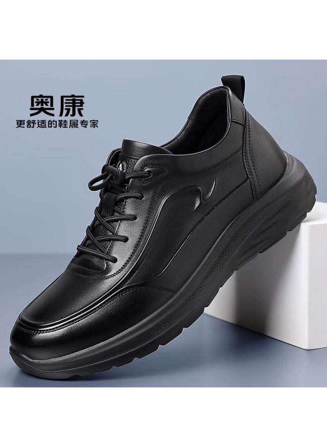 Aokang Men's Breathable Casual Leather Business Shoes Comfortable Versatile Thick-soled Sneakers Black Size 43 - Image 1