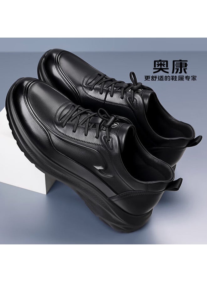 Aokang Men's Breathable Casual Leather Business Shoes Comfortable Versatile Thick-soled Sneakers Black Size 43 - Image 2