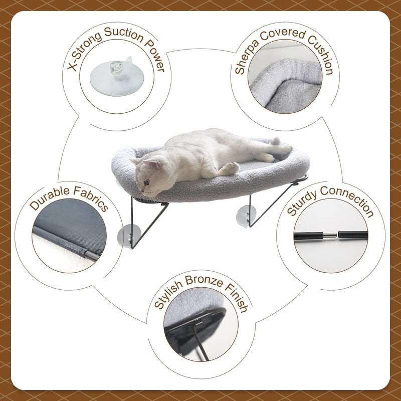 Cat Window Perch with Cozy Bed - Metal Supported Cat Hammock for Large Cats & Kittens (Grey) - Image 3
