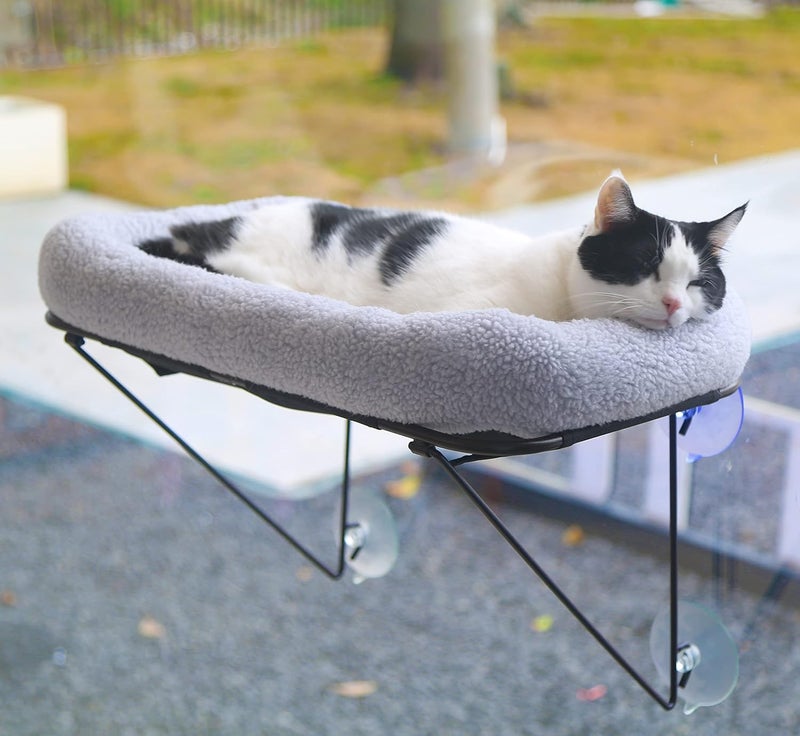 Cat Window Perch with Cozy Bed - Metal Supported Cat Hammock for Large Cats & Kittens (Grey) - Image 1