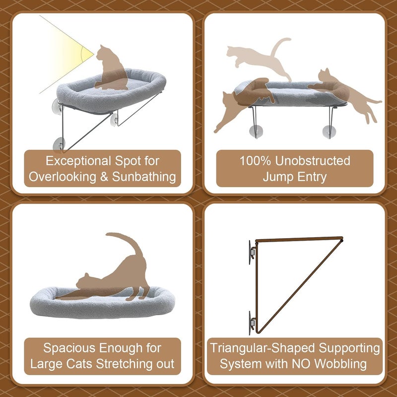 Cat Window Perch with Cozy Bed - Metal Supported Cat Hammock for Large Cats & Kittens (Grey) - Image 4