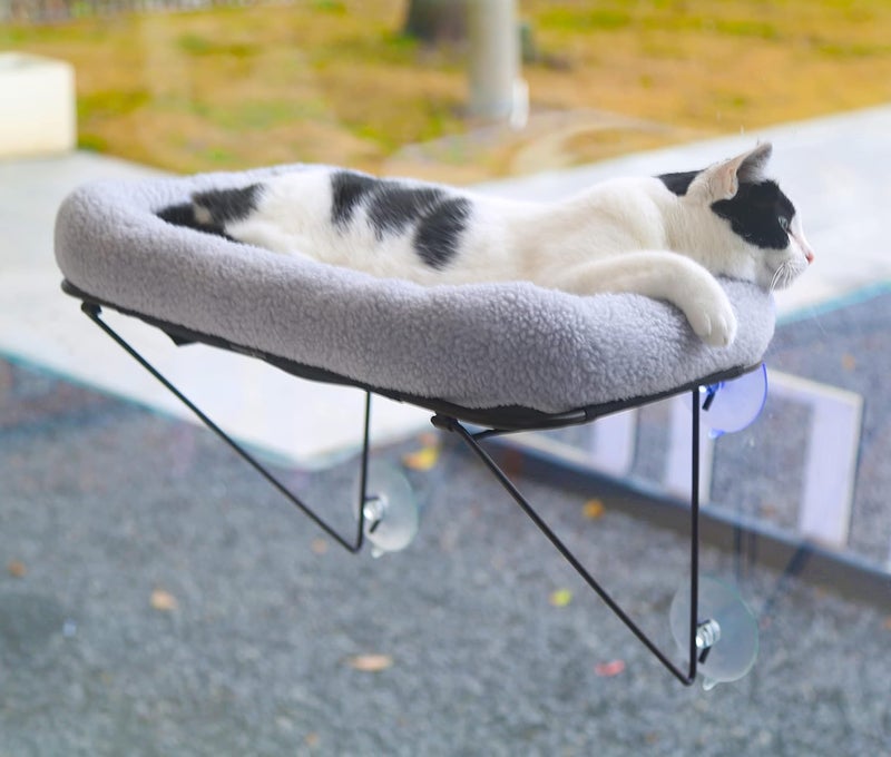 Cat Window Perch with Cozy Bed - Metal Supported Cat Hammock for Large Cats & Kittens (Grey) - Image 5