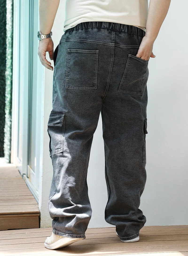 Instafab Plus  Instafab Plus Men's Charcoal Black Utility Relaxed Denim Jeans For Casual Wear | Mid-Rise | Straight Fit | Button Closure | Plus Size Denim Jeans Crafted With Comfort Fit For Everyday Wear for Men | Best Price UAE