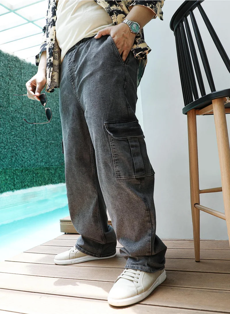 Instafab Plus Instafab Plus Men's Charcoal Black Utility Relaxed Denim Jeans For Casual Wear | Mid-Rise | Straight Fit | Button Closure | Plus Size Denim Jeans Crafted With Comfort Fit For Everyday Wear