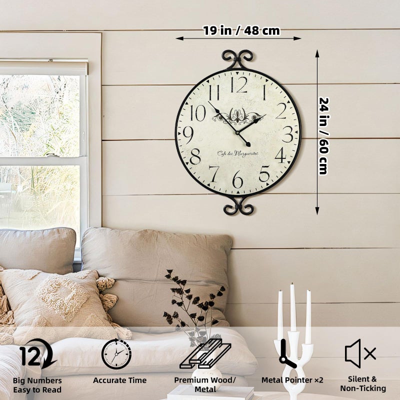 JUMBO DECOR 24 Inch Large Farmhouse Wall Clock, Wrought Iron Frame with Warm Gray Finish, Silent Battery Operated Wall Clock for Living Room Kitchen Bedroom - Image 2