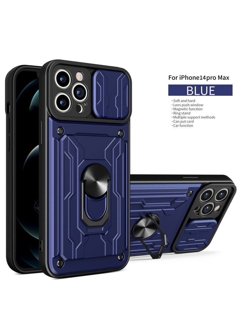Generic - Apple iPhone 14 Pro Max Mobile Phone Case Cover with Card Holder, Slide Camera Lens Cover, 360°Rotating Kickstand Ring, Bumper Shockproof Phone Case - Image 1