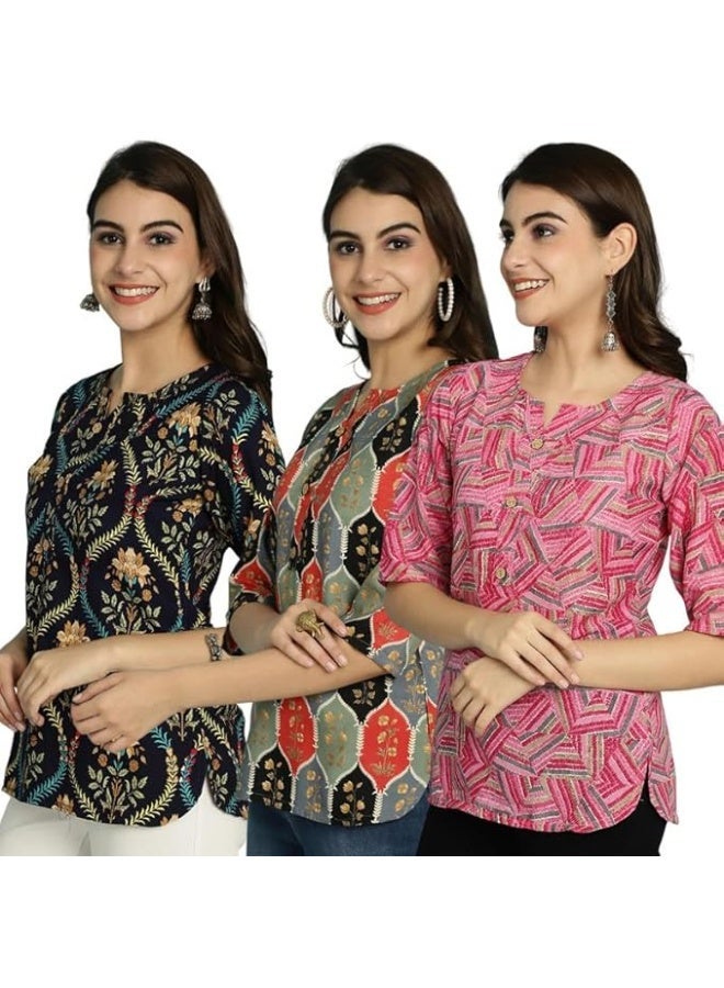 متجر بينكمينت، طقم تونيك نسائي نسائي | توب كريب أنيق للبنات | توب كاجوال بقصة عادية (عبوة من 3 قطع) صغير - Image 1