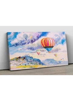 Canvas Wall Art, Abstract Framed Portrait of hot air balloon on mountain village and blue sky cloud