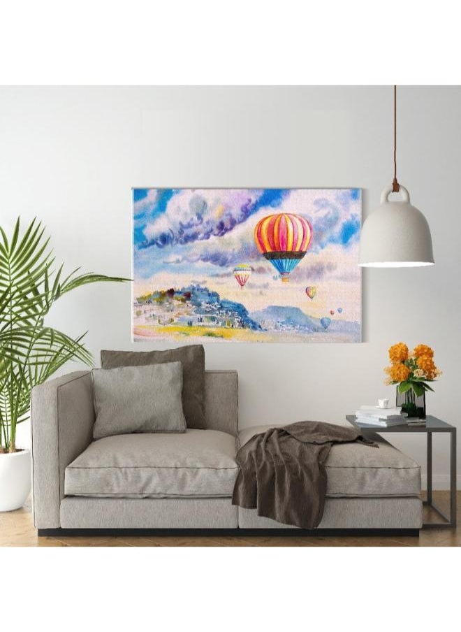 Home Gallery - Canvas Wall Art, Abstract Framed Portrait of hot air balloon on mountain village and blue sky cloud - Image 1