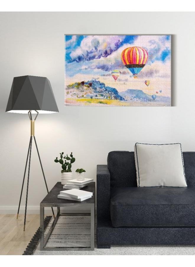 Home Gallery - Canvas Wall Art, Abstract Framed Portrait of hot air balloon on mountain village and blue sky cloud - Image 1