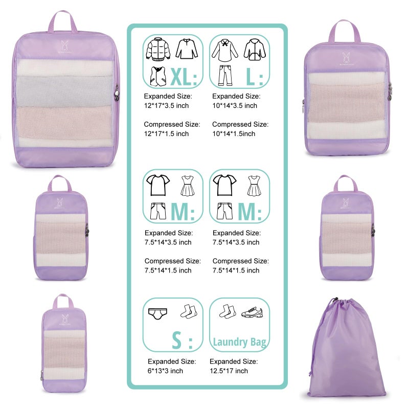 Bunnychill Expandable Compression Packing Cubes for Suitcases,8 Set Lightweight Compressible Travel Packing Organizer for Carry on Suitcase,Organizer Bags Set as Travel Essentials for Women(Lavender) - Image 5