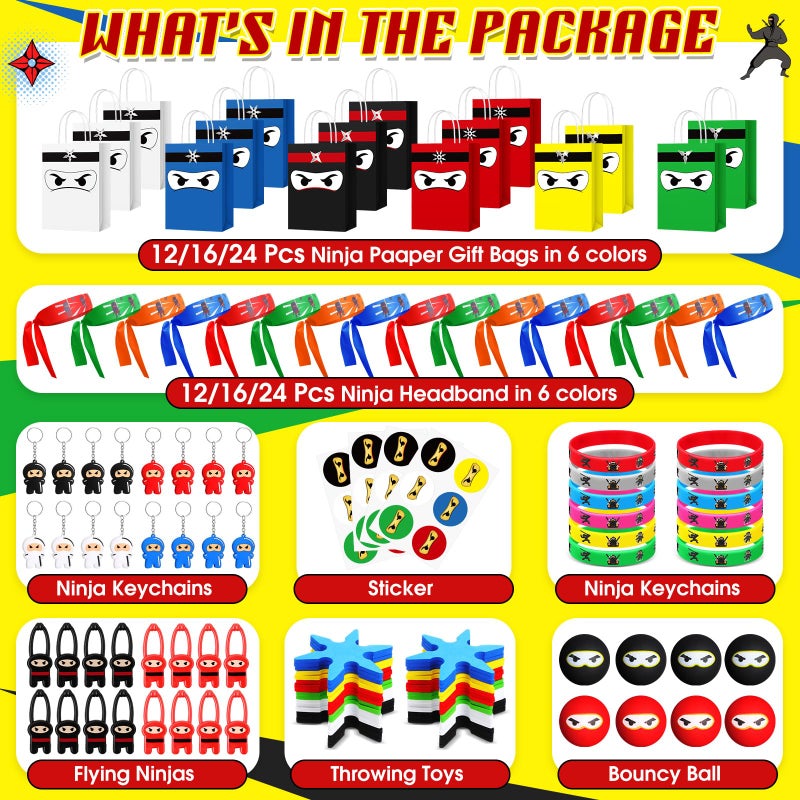 Resholder 12 Guests 96 Pcs Ninja Party Favors Include Ninja Paper Bags Bouncy Balls Throwing Favors Flying Slingshot Headbands Silicone Bracelets Keychains Stickers for Birthday Party Supplies - Image 3