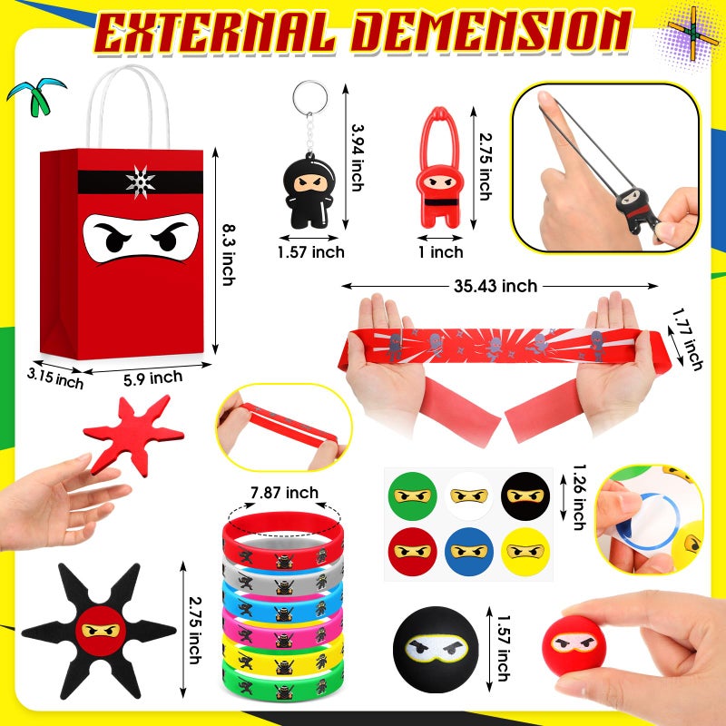 Resholder 12 Guests 96 Pcs Ninja Party Favors Include Ninja Paper Bags Bouncy Balls Throwing Favors Flying Slingshot Headbands Silicone Bracelets Keychains Stickers for Birthday Party Supplies - Image 4