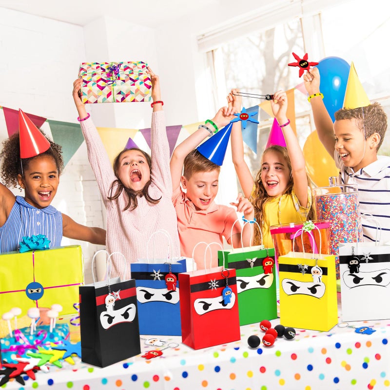 Resholder 12 Guests 96 Pcs Ninja Party Favors Include Ninja Paper Bags Bouncy Balls Throwing Favors Flying Slingshot Headbands Silicone Bracelets Keychains Stickers for Birthday Party Supplies - Image 5