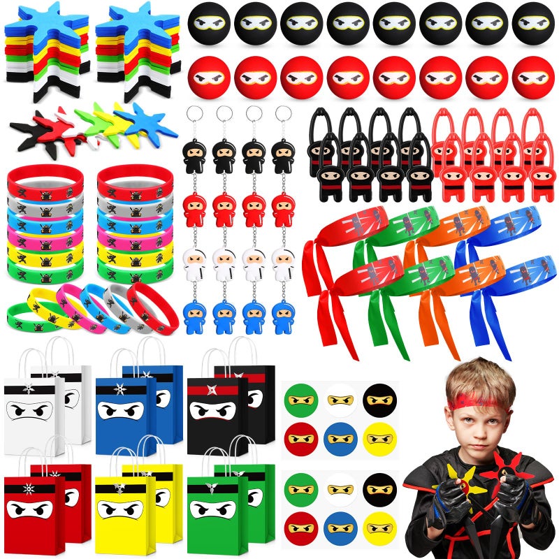 Resholder 12 Guests 96 Pcs Ninja Party Favors Include Ninja Paper Bags Bouncy Balls Throwing Favors Flying Slingshot Headbands Silicone Bracelets Keychains Stickers for Birthday Party Supplies - Image 1