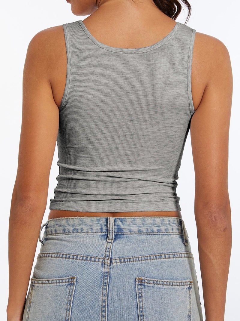 AnotherChill Women's Ribbed Crop Tank Tops Scoop Neck High Back Basic Sleeveless Rib Shirt Summer Athletic Top (Heather-Grey, Small) - Image 4