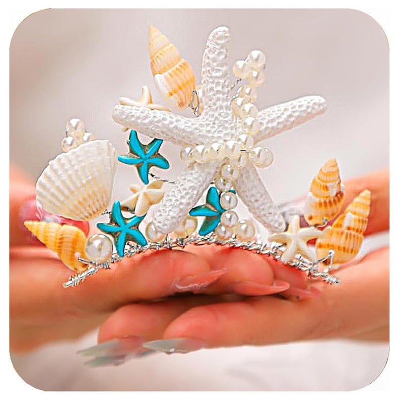 Kilshye Boho Starfish Hair Comb Tiaras Silver Beach Seashell Hair Accessories Pearl Princess Crown for Girls