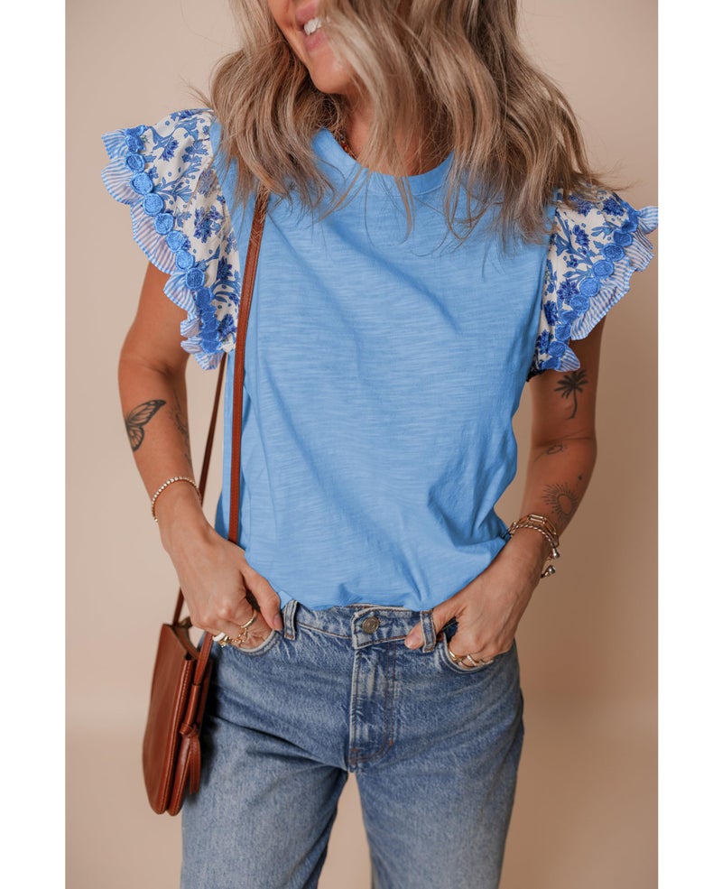 SELINK Womens Summer Ruffle Short Sleeve Top Crewneck T Shirts Floral Trim Casual Blouses Sky Blue-M - Image 2