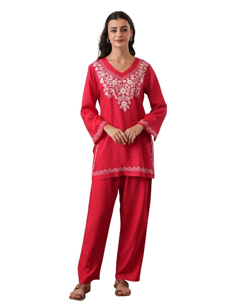QAZMI Women's Kashmiri Aari Work Red CoOrd Set_S - Image 1