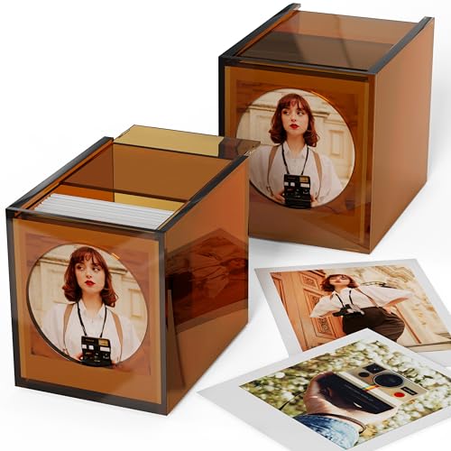 WINKINE Acrylic Polaroid Photo Storage Box & Frame, Photo Frame for Film 4.2’’x3.5’’ with Sliding Lid, Polaroid Storage Box for i-Type/600/SX-70/Instax Square Films, Amber, 2 Pack - Image 1