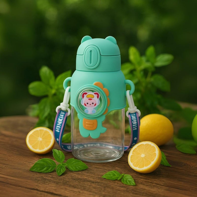 Veejet joyland 600ml Kids Sipper Water Bottle with Anti-Leak Cartoon Spacer | Spill-Proof, Durable for School,Travel, and Everyday Use with Straw Drinking Bottle | Gift for Birthday | Color : (Green) - Image 2