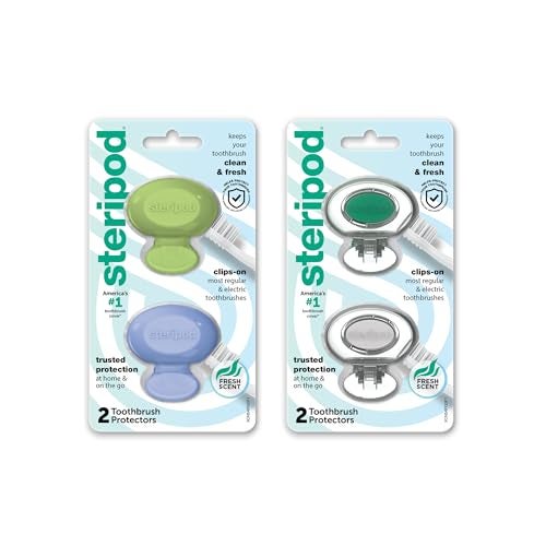 Steripod Clip-On Toothbrush Protector, Keeps Toothbrush Fresh and Clean, Fits Most Manual and Electric Toothbrushes, Blue, Green, Clear, 4 Count - Image 1