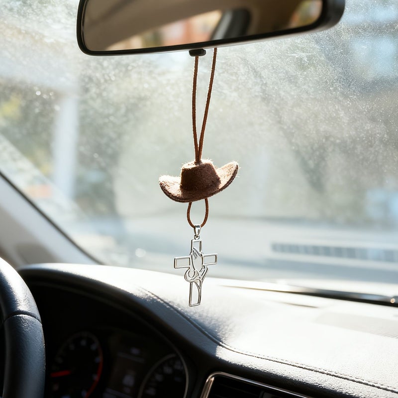 Black Hat Car Pendant Prayer Cross Vintage Cowboy Hat Rearview Mirror Charm For Men Women - Image 3