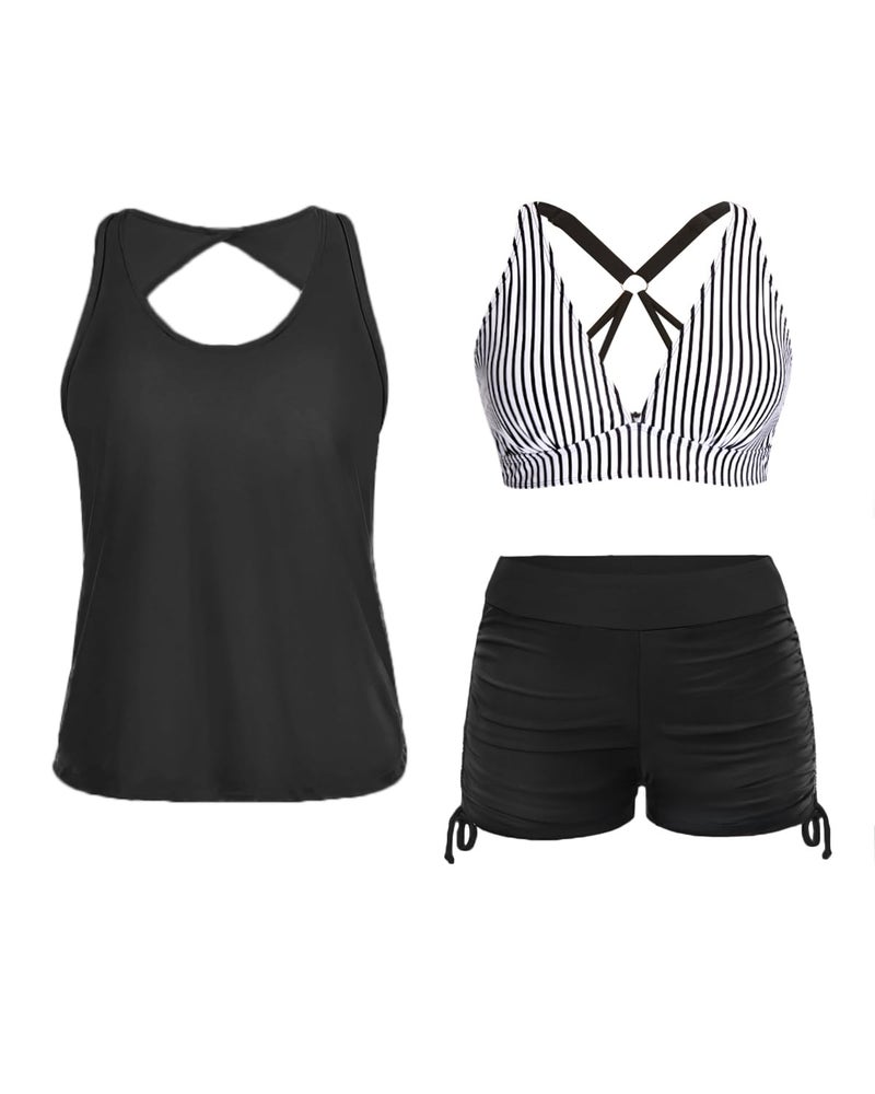 Yonique 3 Piece Tankini Swimsuits for Women Swim Tank Top Bathing Suits with Boy Shorts and Bra Athletic Swimwear Black and Striped XS