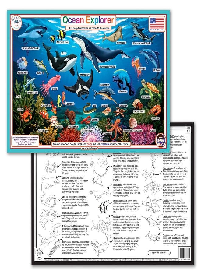 Tot Talk Ocean Explorer Placemat for Kids – Double-Sided Waterproof Wipeable – Made in USA – Sea Creature Names in English, Spanish, Chinese, French – Color on Reverse – 11.5" x 17.5" - Image 1