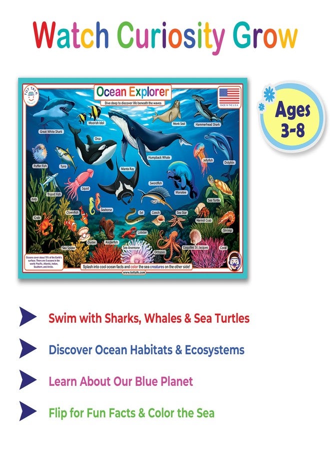 Tot Talk Ocean Explorer Placemat for Kids – Double-Sided Waterproof Wipeable – Made in USA – Sea Creature Names in English, Spanish, Chinese, French – Color on Reverse – 11.5" x 17.5" - Image 2
