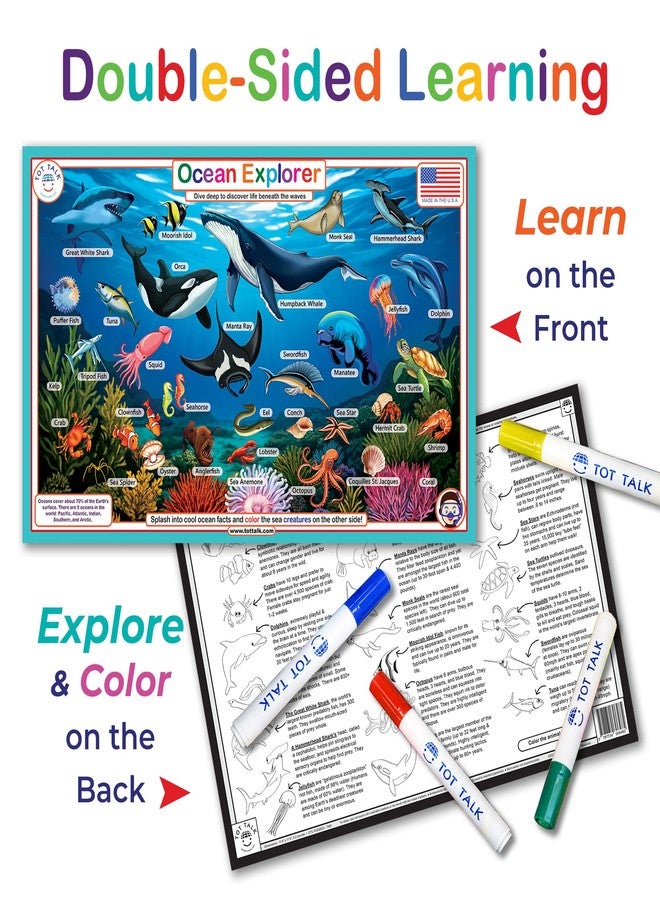 Tot Talk Ocean Explorer Placemat for Kids – Double-Sided Waterproof Wipeable – Made in USA – Sea Creature Names in English, Spanish, Chinese, French – Color on Reverse – 11.5" x 17.5" - Image 4