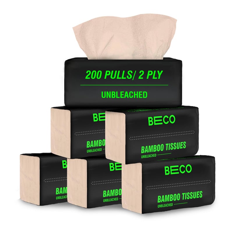 BECO Bamboo Facial Tissue Paper Box-Soft Pack | 200 pulls x 6 packs | Super Soft, Skin Friendly & Highly Absorbent Face Tissue Napkins | Car Tissues | 100% Natural & Ecofriendly | 2 ply-1200 Pulls - Image 1