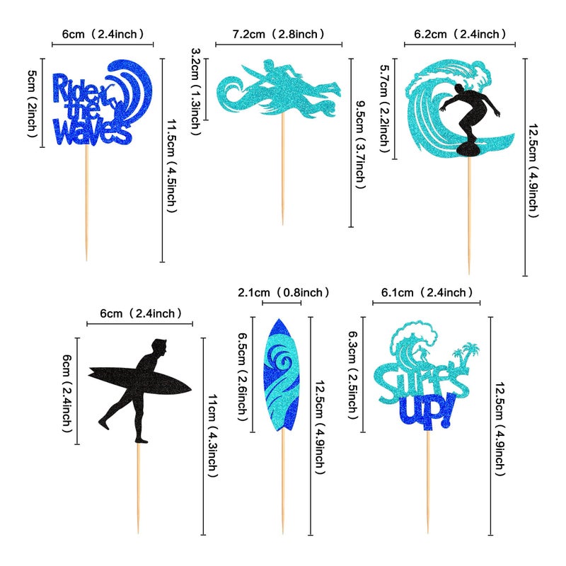 Ercadio 24 Pack Surfing Cupcake Toppers Blue Glitter Surfboard Sport Cupcake Picks Surfs Up Ride the Waves Cake Toppers for Surf Theme Baby Shower Kids Birthday Party Cake Decor Supplies - Image 2